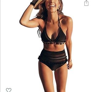 NWT black padded tassel halter tie bathing suit!